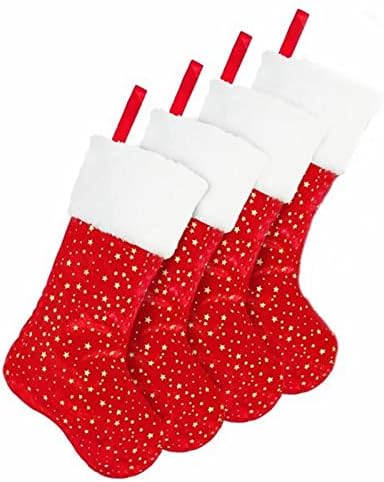 Božićne čarape 4 pakovanje 18 inča Zlatna zvezda sa bijelim plišanim oblogom klasične personalizirane velike crvene božićne čarape ukrasi za porodične ukrase za odmor Božićno stakleno slikarstvo