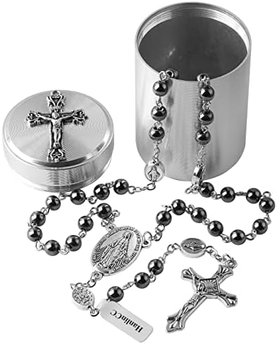 HanlinCC 6mm hematit crne kamene perle čudesna krunica ogrlica sa krstom metalna Poklon kutija ofr muškarci i žene