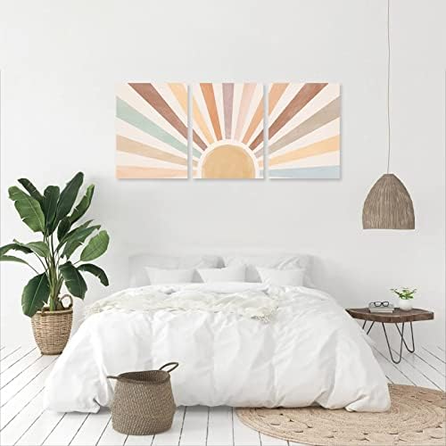 Boho Sun Wall Art Set od 3, uokvirena platna zidna Umjetnost Rainbow Izlazak sunca na horizontu geometrijske ilustracije prirode linija umjetnički zid, moderni printovi iz sredine stoljeća Boho zidni dekor za dnevni boravak, spavaću sobu, kupatilo, ured, 16 x24 akvarel