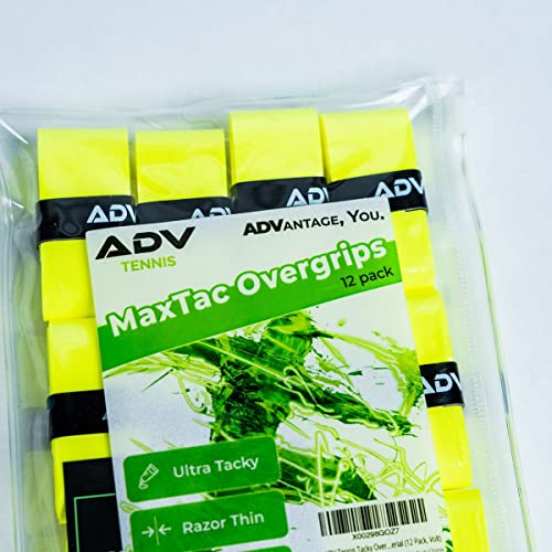 ADV MaxTac ljepljiva traka za držanje teniskih reketa - izuzetno ljepljive tenis Overgrips - neklizajuća, britva-tanka & jednostavna za korištenje Pro Volt žuta traka za teniski držač - 12-pakovanje