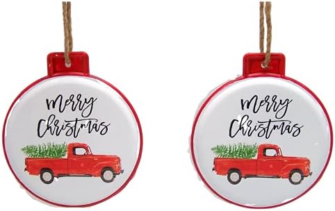 Okrugli Limeni ukrasi za Sretan Božić s kamionom, praznični dekor, Set od 2, 7 inča