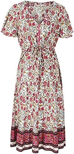Balakie Ljetne haljine, gumb za žene V izrez dolje haljina Boho cvjetni print kratki rukav casual duge