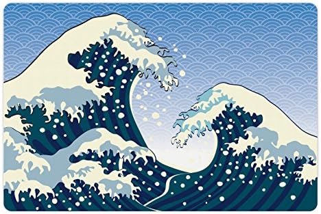 Ambesonne japanski talas pet prostirka za hranu i vodu, dalekoistočna slika okeanska Oluja tema Tsunami Wind Water Artwork, pravougaona neklizajuća gumena prostirka za pse i mačke, Teal plava bijela