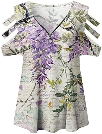 Ženski kratki rukav 2023 V izrez pamuk cvjetni grafički zip up bluza, ljeto padne s ramena za dame