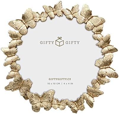 Gifty Gifty Gold kružni leptir Photo Frame / 4x4 in | Za vertikalni prikaz na stolnim tablicama | Savršeno za kućni dekor, vjenčanje, odmor, diplomiranje ili bilo koje prekretnice fotografije