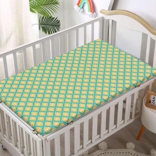 Retro temanski list sa postavljenim krevetom, standardni krevetići sa krevetom ugrađeni list mekani mali toddler madrac za dječake za dječake, 28 x52, morsko zeleno žuti bež