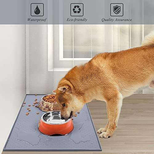 Vivaglory 24 D x 16 W prostirka za hranjenje pasa, vodootporna neklizajuća silikonska podloga za hranu za kućne ljubimce mačka pas od nehrđajućeg čelika posuda za vodu podmetač protiv neurednog dizajna, siva