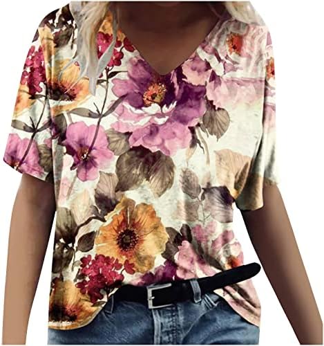 Modne majice vrhovi za žene Dressy Ljeto TOP Ležerne prilike Cvjetni print Tee Moderan Slatki kratki rukav