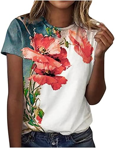Ljetne košulje za žene kratki rukav Crewneck Basic Tees umjetnička uljana boja cvjetna print tunika TOP Ležerne prilike na plaži