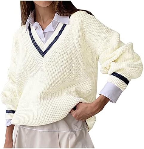 Ženska modna dugi rukava prugasta boja pletena džemper v izrez labav pulover Jumper 2022 Fall džemperi vrhovi