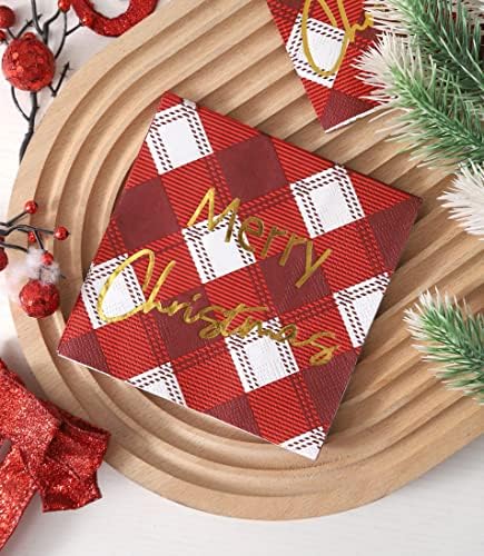 Karirane Crvene Božićne salvete papir - 50 PK-zlatne 3-slojne Božićne koktel salvete 5x5 inča salvete za zabavu za jednokratnu upotrebu salvete za piće za Christimas dekoracije dekoracija božićnog stola
