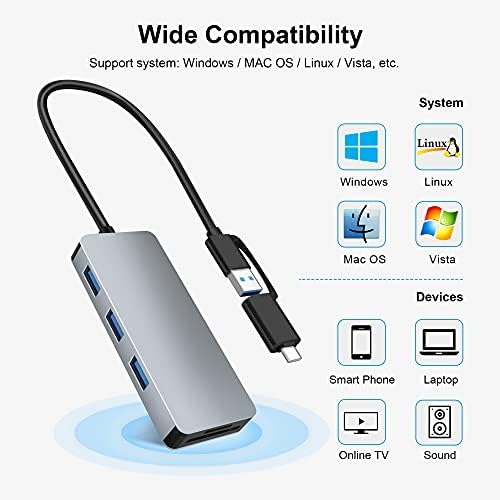 USB Hub, 3-Port USB C HUB Adapter podrška OTG funkcija, 5 u 1 USB 3.0 Hub sa 25cm Cabel, 3 USB 3.0 porta,