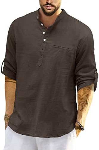 JMIERR Muška pamučna lanena Henley košulja Casual hipi duge rukave majice na plaži sa džepom
