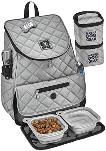 Mobilna oprema za pse, putna torba za pse, Deluxe prošiveni ruksak za sedmice, uključuje podstavljene nosače hrane i 2 sklopive posude za pse, siva