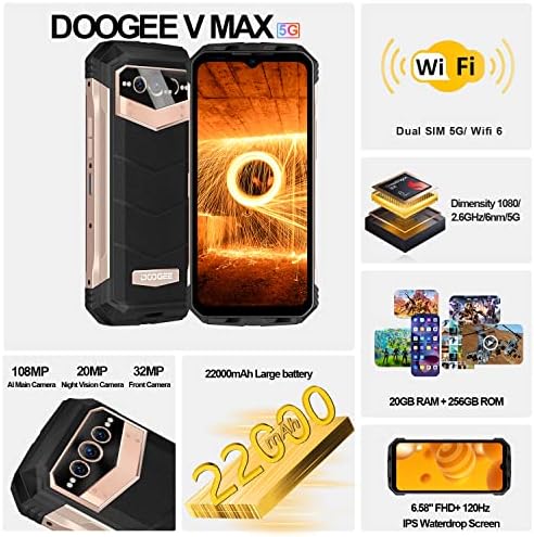 Doogee V Max 5G robusni pametni telefon, 120Hz 6.58 Android 12 otključanih, 22000mAh 20GB + 256GB robusni mobitel,