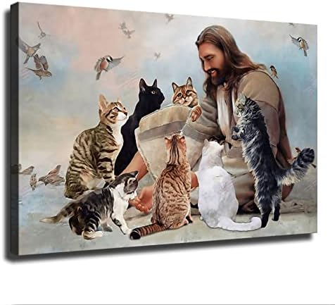 Bog okružen mačkama i anđelima Isus Art poster soba estetika zid Art platno dekor Home Decor poklon