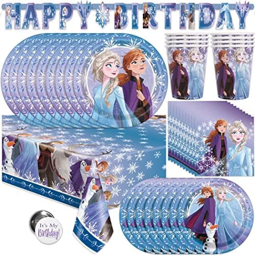 Frozen Birthday Party Supplies Set | Frozen Party Decorations | Frozen Party Supplies | Frozen 2 Tema sa Elsa, Anna & Olaf za dječake & djevojke | sa Banner, stolnjak / stol poklopac, Večera & torte ploče, salvete, šalice, dugme / usluge 16 gosti