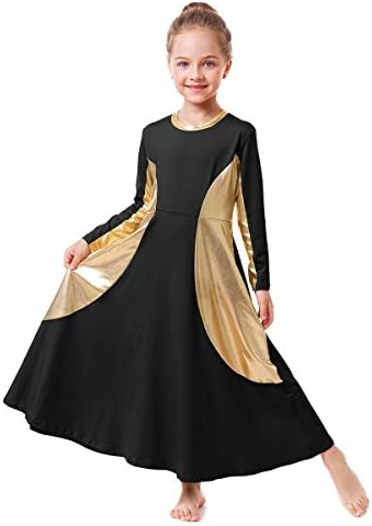 Owlfay Girls Metallic Gold Boja bloka Liturgijski pohval plesnog haljina labava fit puna dužina ruffle tunička suknja bogoslužja kostim