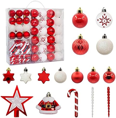 67 kom Božić Tree ukrasi,crvene i bijele Shatterproof Božić loptu ukrasi sa jelku Topper za Božić ukras,Holiday