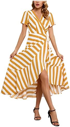 JXQCWY ženski trak WAPH V izrez Maxi haljina Ljetni kratki rukav Asimetrični ruffle hamy haljine