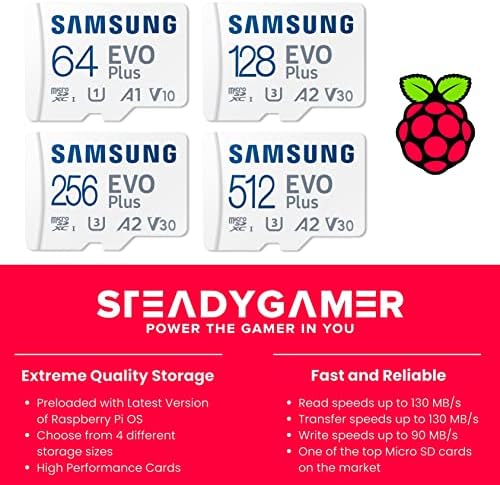 Steadygamer - 256GB Raspberry PI unaprijed učitani Evo plus Micro SD kartica | 400, 4, 3B +, 3A +, 3B, 2, nula
