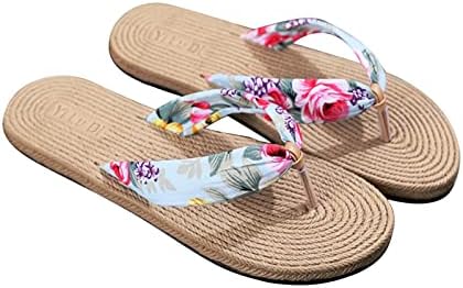 Ljetne papuče za žene boemske cvjetne udobne sandale ravne plaže imitacija konoplje konopne jedinice putničke flip-flops