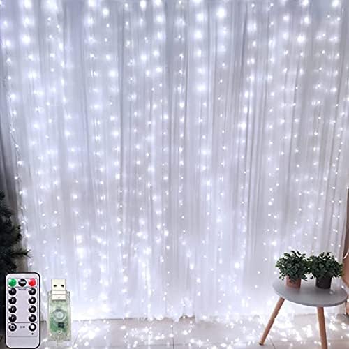 Ldgj zavjese svjetla niz svjetlo božićnoj zabavi spavaća soba dekoracije 9.8 x 9.8 ft, 8 režima, 300 LED vjenčanje Dom Vrt vanjski unutarnji zid prozor baterija USB.Hladno Bijelo