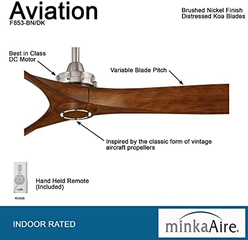 Minka-Aire F853-bn / DK izbočeni nosač, 3 nevolje za oštrice Koa stropni ventilator, brušeni nikl / uznemirena koa