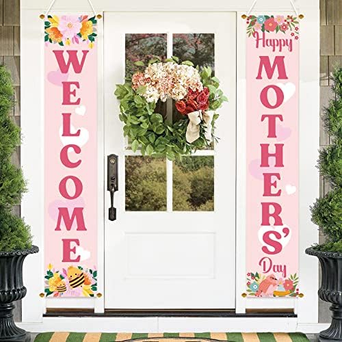 Sretan majčin dan dare na trijemu - mamski dan baner visi na otvorenom zatvorenim potrepštinama