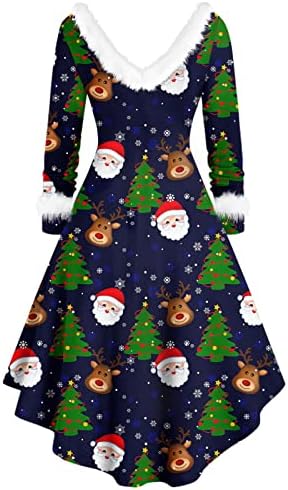 Ženski božićni dugi rukav midi haljina ljuljac koktel božićne zabave A-line haljine sa pojasom