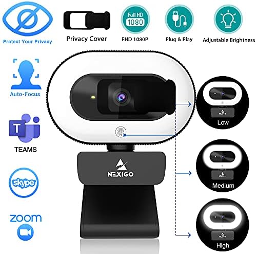 NexiGo StreamCam N930E sa softverom, 1080p Web kamera sa prstenastim svjetlom i poklopcem za privatnost, automatsko