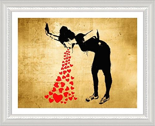 Alonline Art-Girl Lovesick by Banksy | Bijela uokvirena slika štampana na pamučnom platnu, pričvršćena na pjenastu ploču / spreman za vješanje okvira | 26 x21 | / zidni umjetnički Kućni dekor za slikanje u blagovaonici