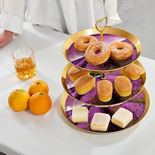 Lavanda ljubičasto Flower Field 3-slojni stalak za kolačiće poslužavnik za posluživanje, reljefni stalak za desertnu tortu, stalak za posluživanje peciva za vjenčanje, čajanku, rođendan