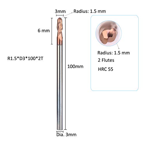 3 komada-1.5 mm radijus Lopta nos kraj mlin rezač, HRC55 volfram izdržljiv Glodalica za metalni čelik duge dužine