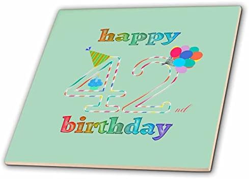 3drose sretan 42. rođendan, Cupcake sa svijećom, baloni, šešir, šareni-pločice