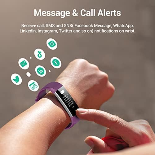 Stiave Fitness Tracker sa monitorom otkucaja srca, vodootporna aktivnost i korak tracker za žene i muškarce, sat pedometra sa monitorom mirovanja i šalterom kalorija, upozorenje za poziv i poruke - Ljubičasta