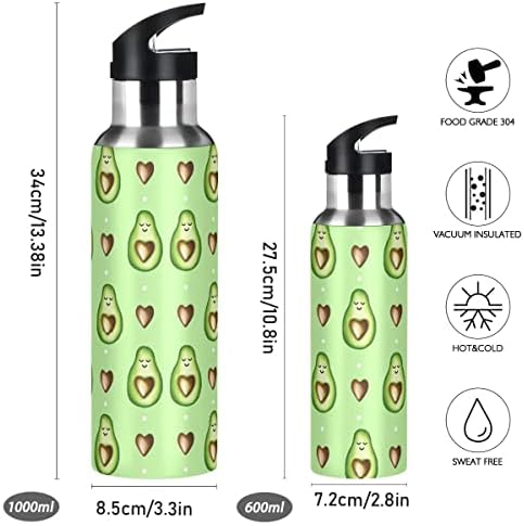 Glahy avokado i srca zelena boca sa slamkom poklopca, BPA, 32 oz vode za vodu izolirani nehrđajući