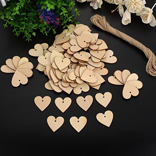 Outus 100 komada drvena srca prazna drvena srca ukrasi 40mm sa 1 rolnom 10m prirodni kanap za vjenčanje