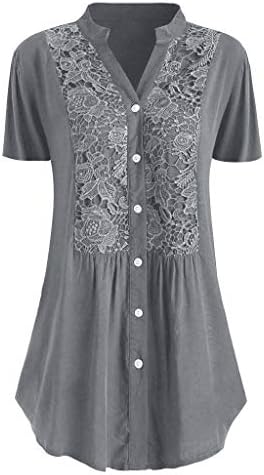 LCEPCY ženska modna majica V izrez Crochet čipka bluza Ruched kratki rukav gornji tinesi čvrsti zakrivljeni rub povremeni tunični vrhovi