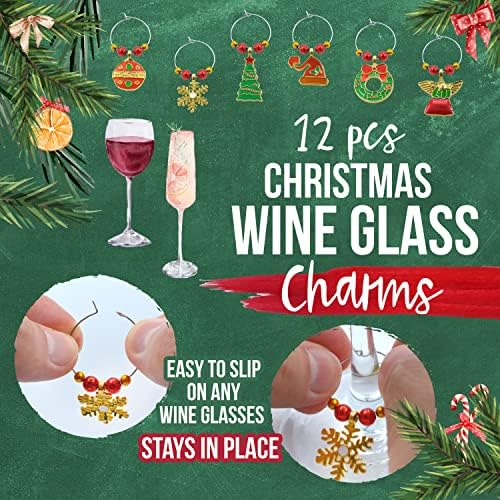 Sezona 4 Sparkles Set od 12 komada Wine Glass Charms Božić - Božić Wine Charms za Stem naočare u 6 različitih dizajna - Božić Wine Charm - nema više Pijuckanja iz pogrešne čaše