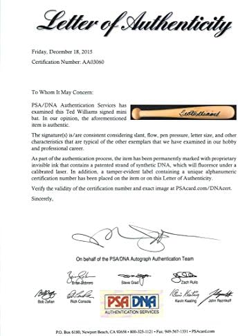 Crveni sox TED Williams Autentičan potpisan 6 inčni mini bejzbol šišmiša PSA / DNK # AA03060