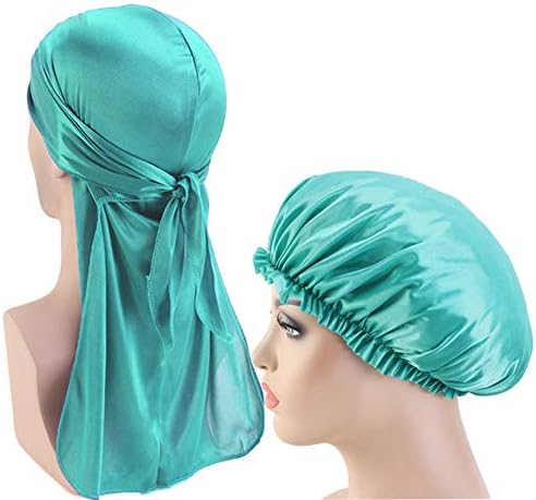 2pcs / set Durag i poklopac poklopca dugih rep saten doo krpe elastična turbanska kapa za spavanje Čvrsta boja
