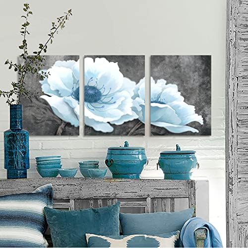 Platnena zidna umjetnost za spavaću sobu dnevni boravak plavo bijelo cvijeće siva pozadinska slika printovi uokvireni zidni dekor umjetničko djelo moderni zidni ukrasi za kupaonicu veličine 12x16 u x3 komad spreman za vješanje