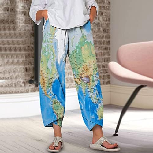 LMSXCT Capri pantalone za žene Mjesto karta Ispis elastičnih struka pamučne pantalone labavo plaža na široku nogu obrezane hlače sa džepovima