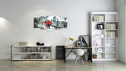 Crveni f款 kišobran crno-bijeli pogled na Parišku ulicu, 5 komada umjetničkog djela za uređenje doma, Moderna slika spremna za vješanje