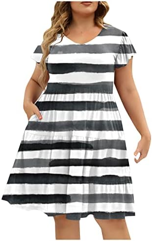 ADSSDQ Ljetne haljine za žene 2023 Velike veličine Ženska suknja na plaži Ležerne prilike V-izrez Modni print Flyne haljina