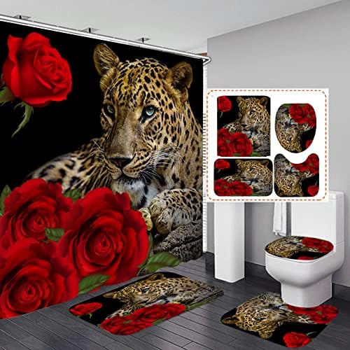 Crvena ruža Cheetah Curkin Curkin Leopard Print Bath Curkin sa 12 kuka Romantične cvijeće Kupatilo Dekor zavjesa set s neklizajim prostircima, toalet poklopcem za kade za kade