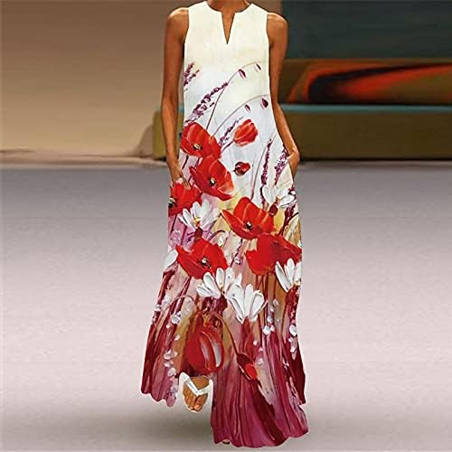 Ženske Casual labave Maxi haljine Vintage Cvjetni print sarafan V-žičani vrat dužine poda bez rukava