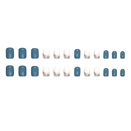 RTKHFZE plava presa na noktima kratki kvadratni lažni nokti sjajni ljepilo na noktima puni poklopac bijeli umjetni nokti sa svjetlucavim dizajnom kratki akrilni štapić na noktima za žene i djevojčice, 24 kom