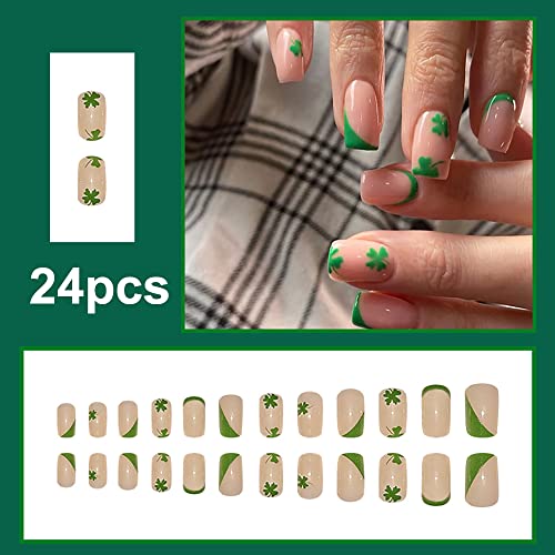 24kom Dan Svetog Patrika presa na noktima srednji kvadratni lažni nokti zelena Sretna djetelina sa četiri lista